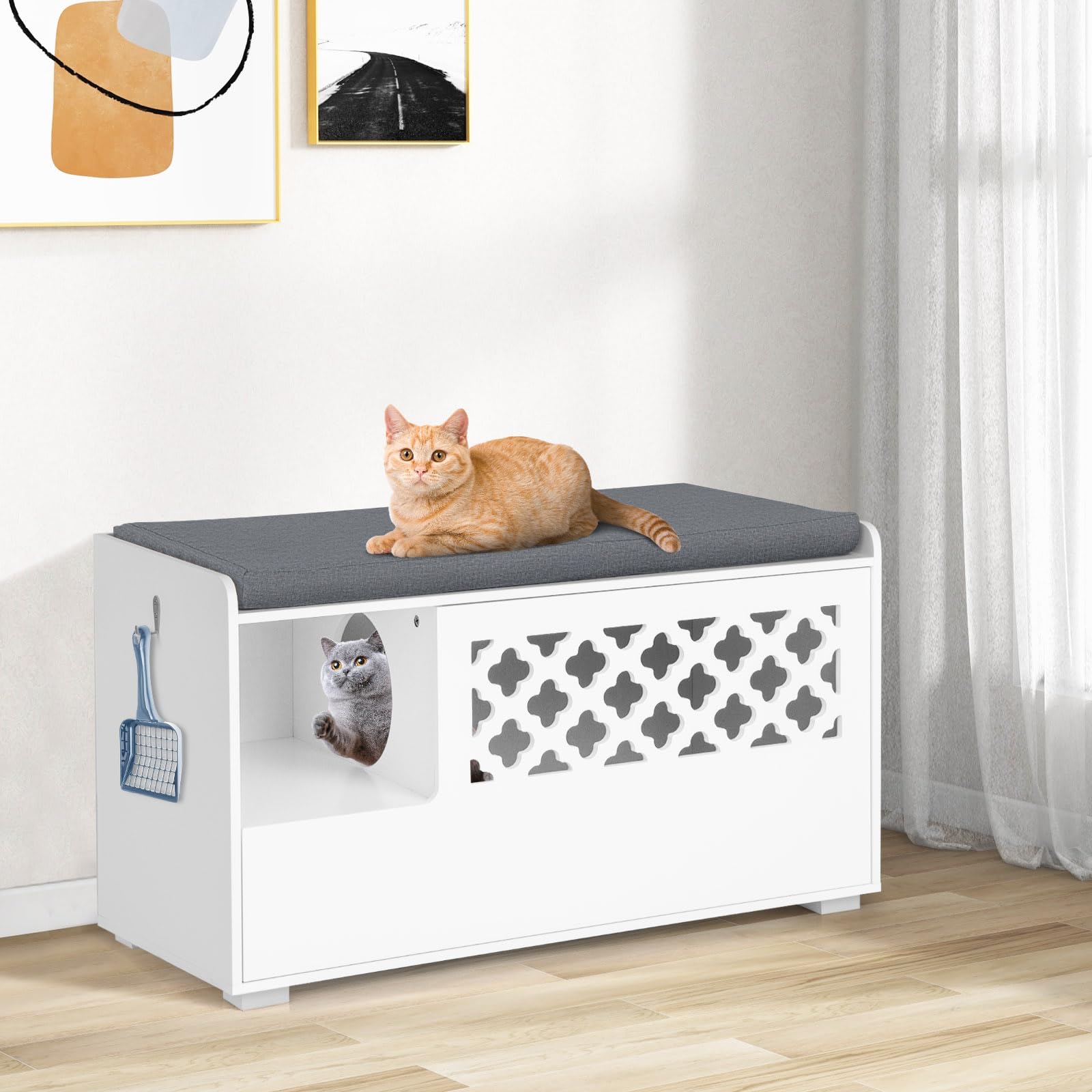 Tangkula Cat Litter Box Enclosure, Hidden Litter Box with Removable Cushion & Flip-Down Opening